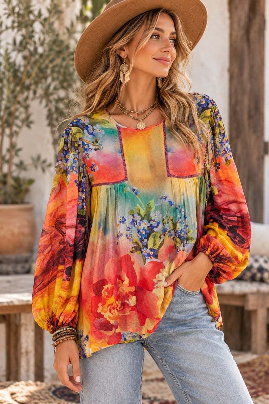Blank London Vibrant Babydoll Scarfy L Sleeve Colorful Floral Shirt. Ladies Med